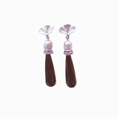 Way To Chic Women's Black / Grey / Silver Silver Ginkgo Leaf Stud Earrings With Grey Pearl, Black Agate Teardrop In Multi