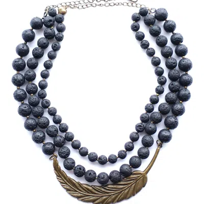 Way To Chic Women's Black Lava Necklace With Brass Central Pendant