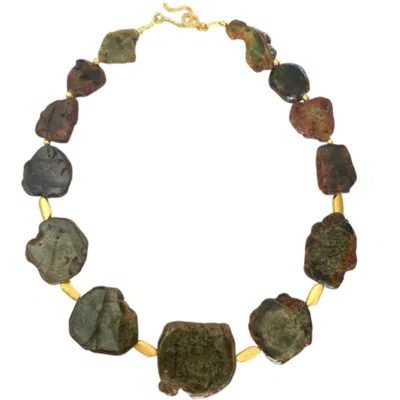 Way To Chic Women's Brown / Green / Gold Raw Gemstone Statement Necklace With Chalcedony & Gold Plated Elements