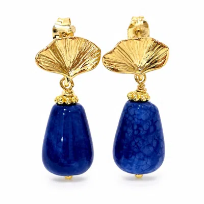 Way To Chic Women's Deep Blue Agate & Gold Ginkgo Leaf Earrings