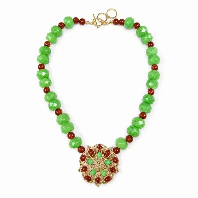 Way To Chic Women's Emerald Legacy Green Agate Necklace With Vintage Sarah Coventry Brooch