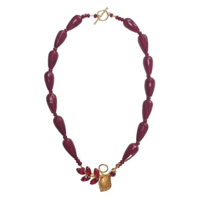 Way To Chic Women's Gold / Red One Of A Kind Burgundy Agate And Malaysian Jade Necklace With Delicate Flower Bro