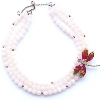 Way To Chic Women's Pink / Purple Rose Quartz Necklace With Dragonfly Brooch To The Side