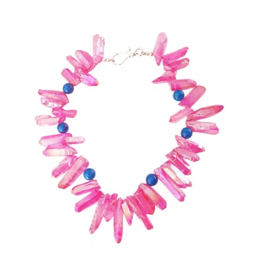 Way To Chic Women's Pink Quartz Statement Necklace With Blue Agate