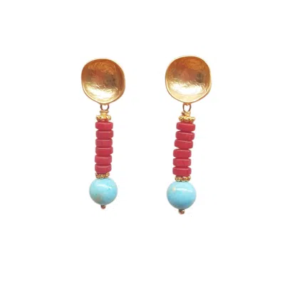 Way To Chic Women's Red / Blue / Gold Red Coral And Turquoise Jade Stud Earrings In Multi