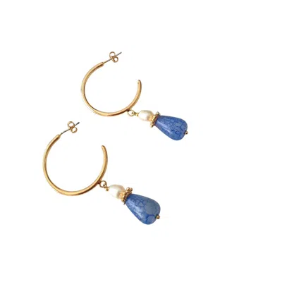 Way To Chic Women's Semi Hoop Earrings With Blue Agate And White Pearls