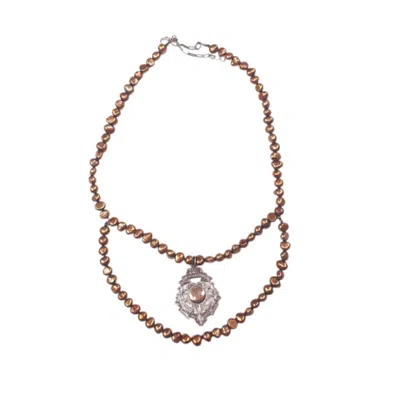 Way To Chic Women's Silver / Brown Bronze Pearl Necklace With Rare Find Sterling Silver Vintage Pendant