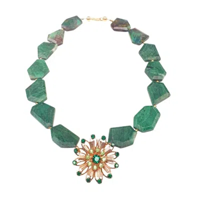 Way To Chic Women's Statement Green Agate Necklace With Vintage Crystal Brooch