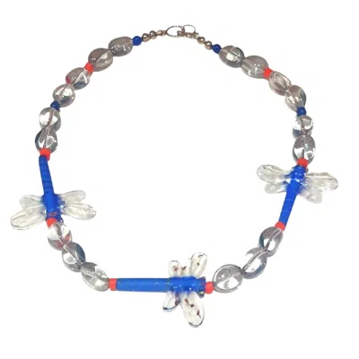 Way To Chic Women's White / Blue / Neutrals Dragonfly Necklace With Glass & Lapis Lazuli