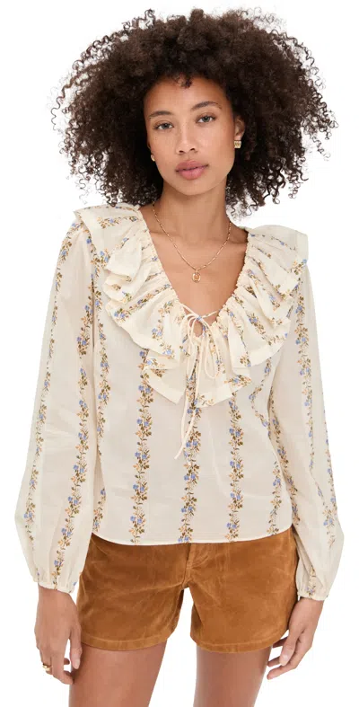 Wayf Abby Ruffle Blouse Ivory Floral Stripe