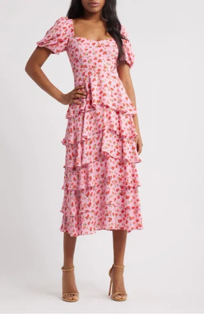 Wayf Agatha Floral Tiered Ruffle Midi Dress In Red Mni Roses