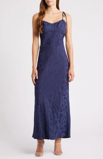 Wayf Aitana Floral Tie Strap Brocade Dress In Navy