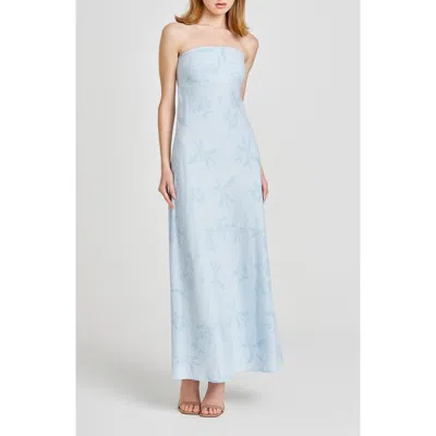 Wayf All Yours Floral Jacquard Strapless Linen Blend Maxi Dress In Baby Blue Floret