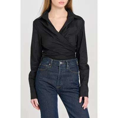 Wayf Amelie Tie Waist Cotton Button-up Shirt In Black