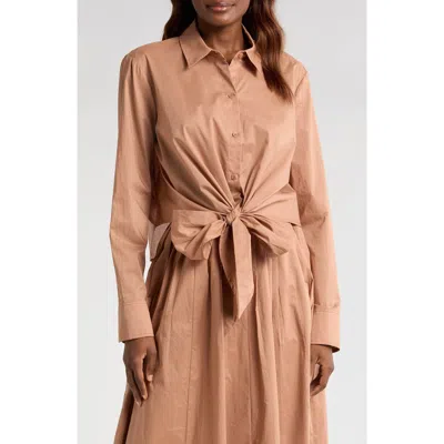 Wayf Amelie Tie Waist Cotton Button-up Shirt In Camel