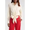 Wayf Amelie Tie Waist Cotton Button-up Shirt In Parchment
