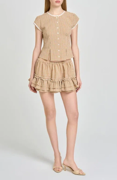 Wayf Aria Gingham Ruffle Miniskirt In Brown