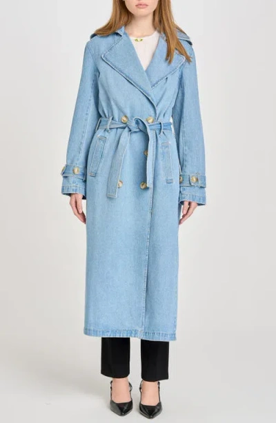 Wayf Aspen Denim Trench Coat In Vintage Blue