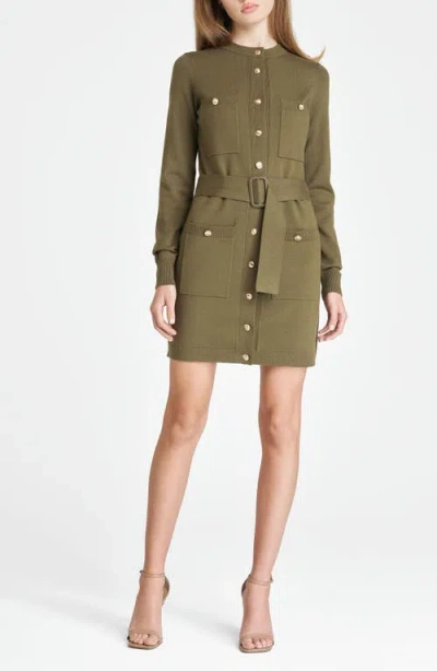 Wayf Becca Belted Long Sleeve Sweater Minidress In Army