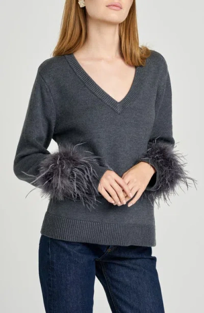 Wayf Bethany Feather Trim Sweater In Gray