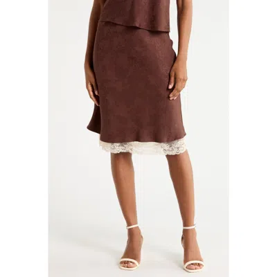 Wayf Bias Lace Hem Midi Skirt In Chocolate