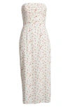 Wayf Birdie Ruched Strapless Midi Dress In Ivory Ditsy