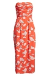 Wayf Birdie Ruched Strapless Midi Dress In Tomato Roses