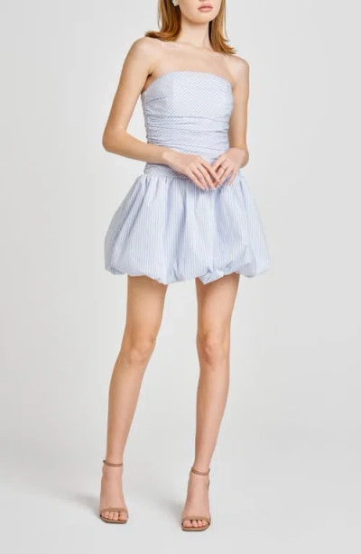 Wayf Bonnie Strapless Bubble Hem Minidress In Blue/ivory Pinstripe