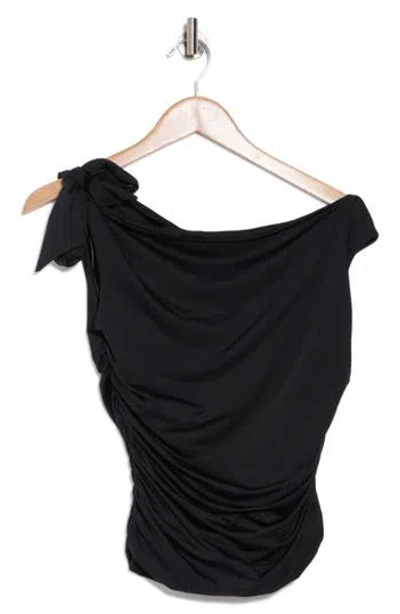 Wayf Bow One-shoulder Ruched Top In Black