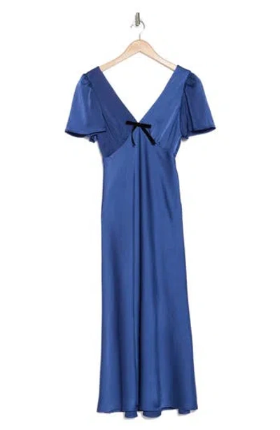 Wayf Bow Satin Midi Dress In Navy