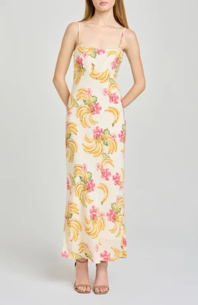 Wayf Calypso Fruit Print Lace Trim Midi Dress In Multi