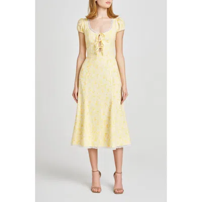 Wayf Cara Floral Cap Sleeve Linen Blend Midi Dress In Butter Floral