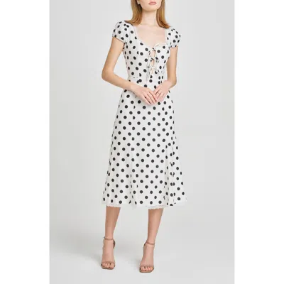 Wayf Cara Polka Dot Cap Sleeve Linen Blend Midi Dress In Ivory Polka-dot