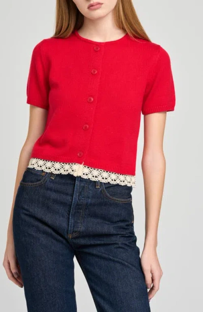 Wayf Carine Lace Trim Button Front Cardigan In Red
