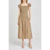 Wayf Cassidy Plaid Smock Bodice Cotton Midi Dress In Neutral