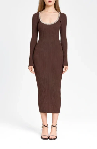 Wayf Cinthia Jewel Neck Long Sleeve Rib Midi Dress In Espresso