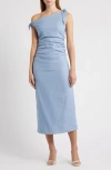 Wayf Clio Tie Shoulder Linen Blend Midi Dress In Blue