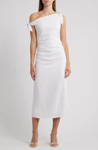 Wayf Clio Tie Shoulder Linen Blend Midi Dress In White