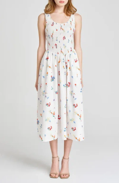 Wayf Dana Floral Smocked Bodice Stretch Cotton Midi Dress In Ivory Blossom