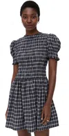 Wayf Eloise Smocked Short Sleeve Dress Black Plaid In Gray
