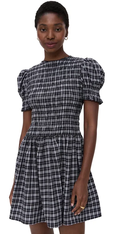 Wayf Eloise Smocked Short Sleeve Dress Black Plaid In Gray