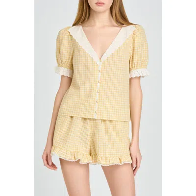 Wayf Emma Eyelet Trim Plaid Button-up Top In Yellow