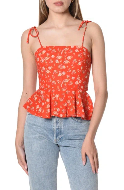 Wayf Escape Print Tie Strap Peplum Camisole In Red Roses