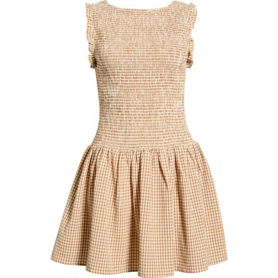 Wayf Esme Gingham Smocked Bodice Drop Waist Minidress In Brown