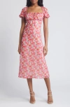 Wayf Felicity Floral Print Midi Dress In Red / Purple Roses