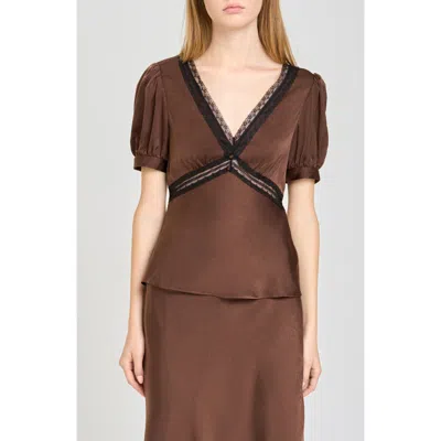 Wayf Felicity Lace Trim V-neck Satin Top In Brown