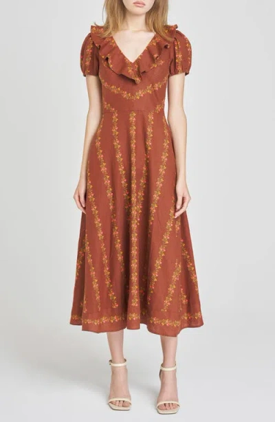 Wayf Fern Floral Linen Blend Midi Dress In Brown
