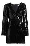 Wayf Flash Sequin Long Sleeve Wrap Minidress In Black