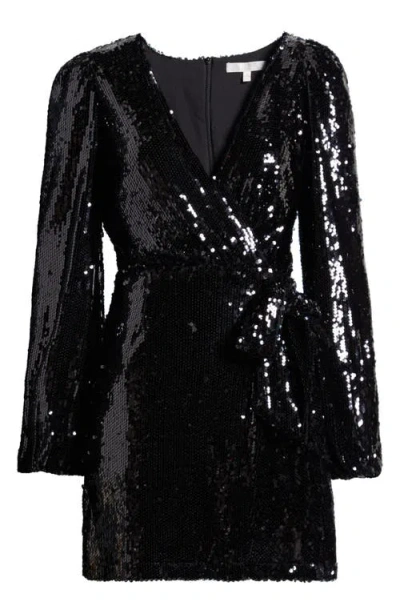 Wayf Flash Sequin Long Sleeve Wrap Minidress In Black