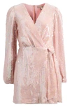 Wayf Flash Sequin Long Sleeve Faux Wrap Minidress In Blush